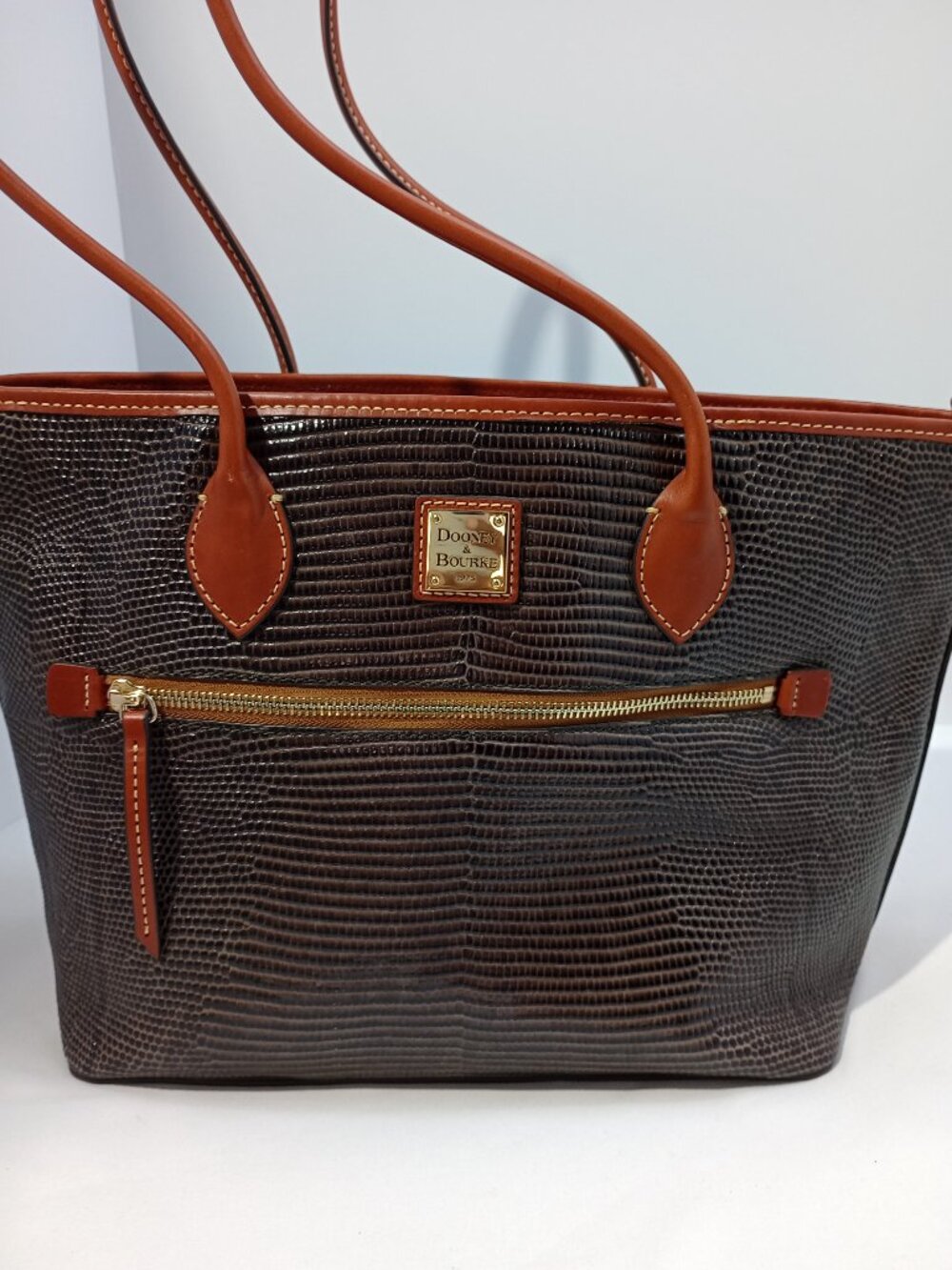 Dooney & Bourke Lizard Embossed Leather Tote Brown Shoulder Bag Zip Top